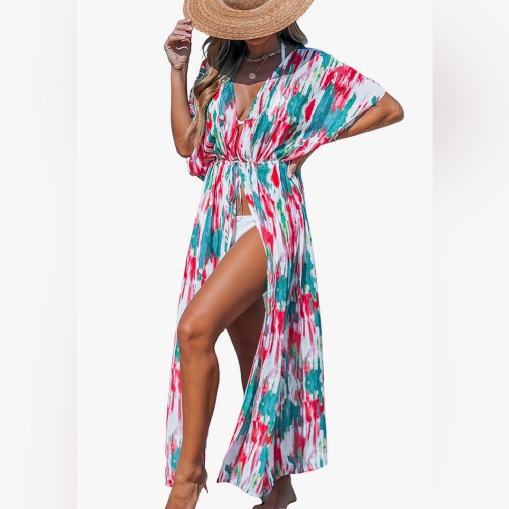 Cupshe NWT SZ L Teal, Red & White Maxi Swim Cover-Up